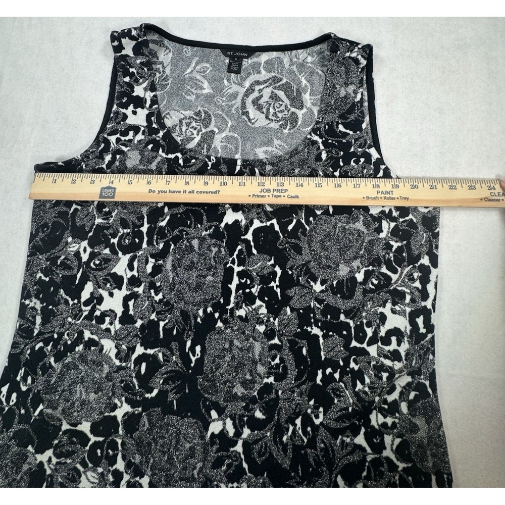 St John XL Black White Silver Floral Knit Shell Sleeveless Top Rayon USA Luxe - Picture 15 of 16